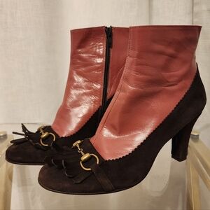 Chic Leather and Suede Two-Tone Heeled Ankle Boots, Horsebit fringe